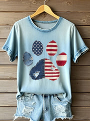 Women's Independence Day Inspired Paw Pattern Patchwork Art T-Shirt