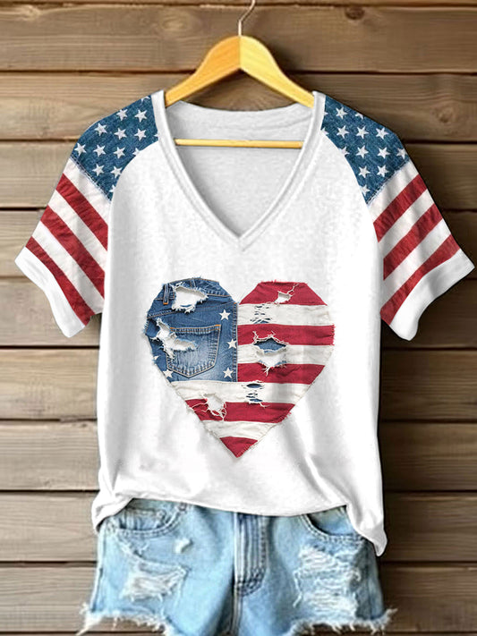 Women's Independence Day Heart Pattern Patchwork Art T-Shirt