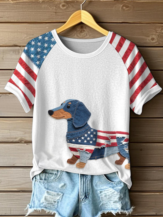 Women's Independence Day Inspired Dachshund Patchwork Art T-Shirt