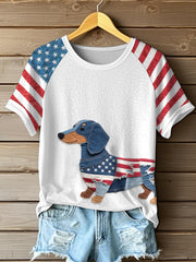 Women's Independence Day Inspired Dachshund Patchwork Art T-Shirt