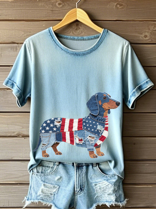 Women's Independence Day Inspired Dachshund Pattern Patchwork Art T-Shirt
