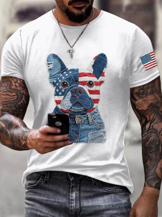 Men's Independence Day French Bulldog Pattern Patchwork Art T-Shirt