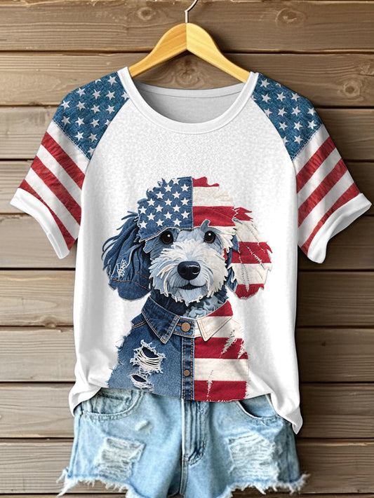 Women's Independence Day Dog Pattern Patchwork Art T-Shirt