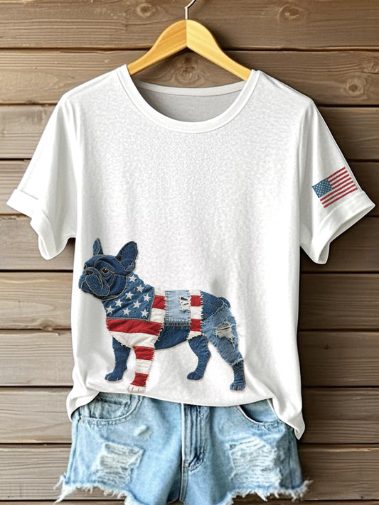 Women's Independence Day Inspired Bulldog Pattern Patchwork Art T-Shirt