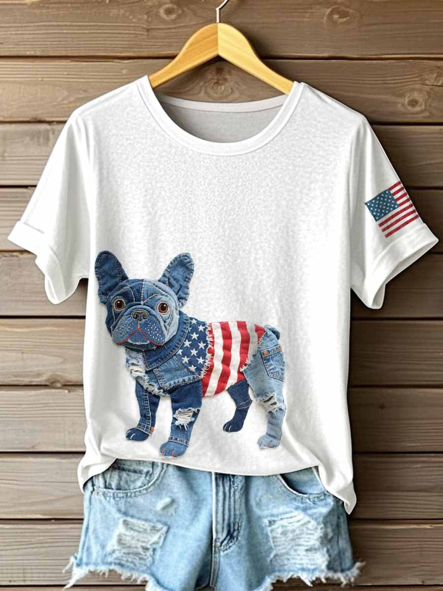 Women's Independence Day Inspired French Bulldog Patchwork Art T-Shirt
