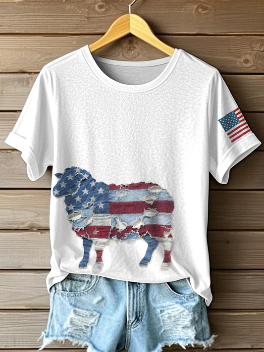Women's Independence Day Inspired Sheep Pattern Patchwork Art T-Shirt