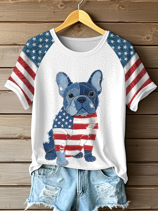 Women's Independence Day French Bulldog Pattern Patchwork Art T-Shirt