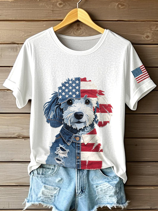 Women's Independence Day Dog Pattern Patchwork Art T-Shirt