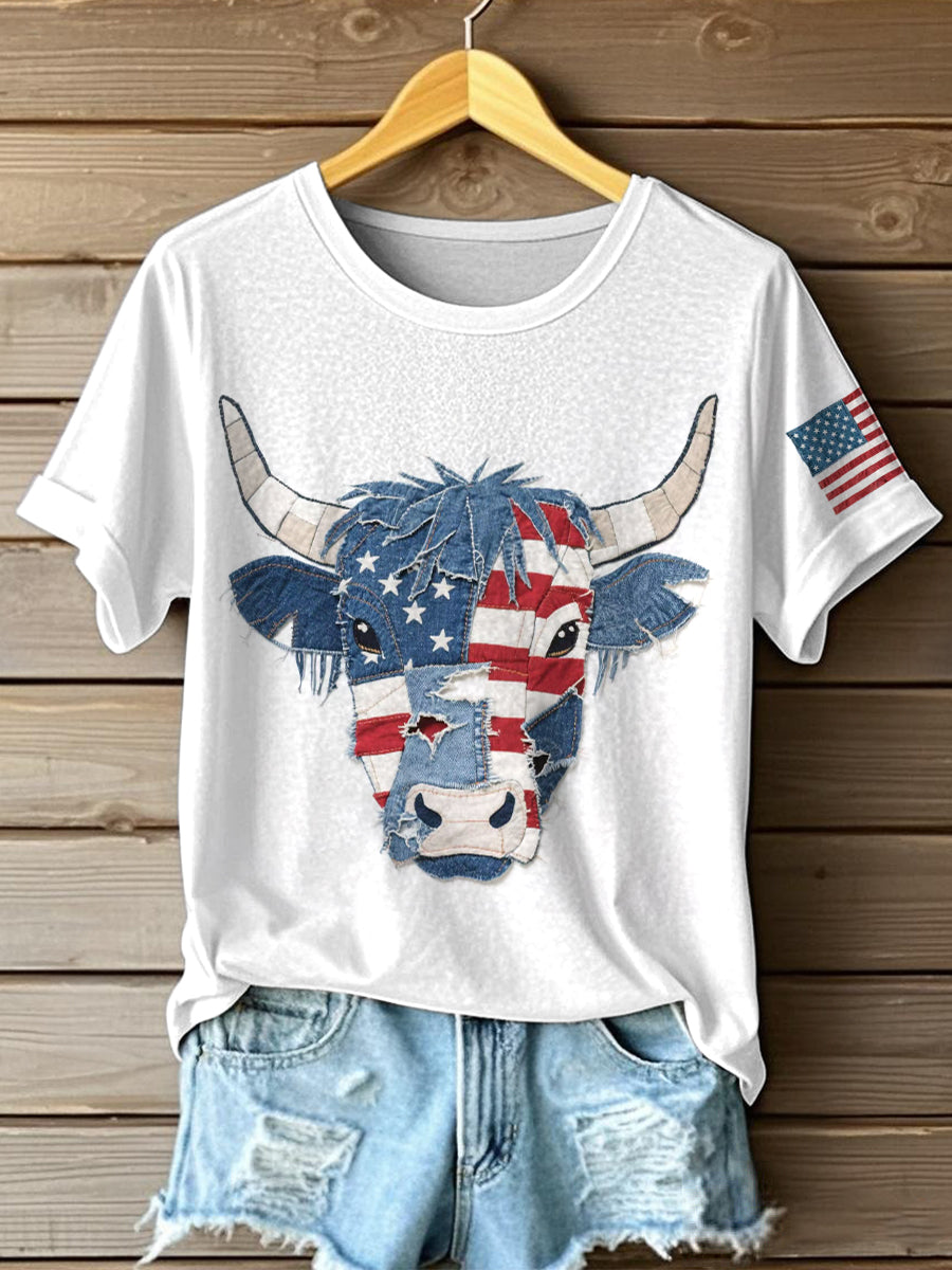 Women's Independence Day Inspired Highland Cow Pattern Patchwork Art T-Shirt