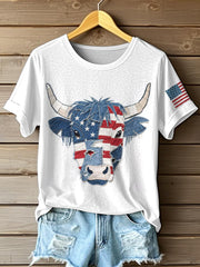 Women's Independence Day Inspired Highland Cow Pattern Patchwork Art T-Shirt
