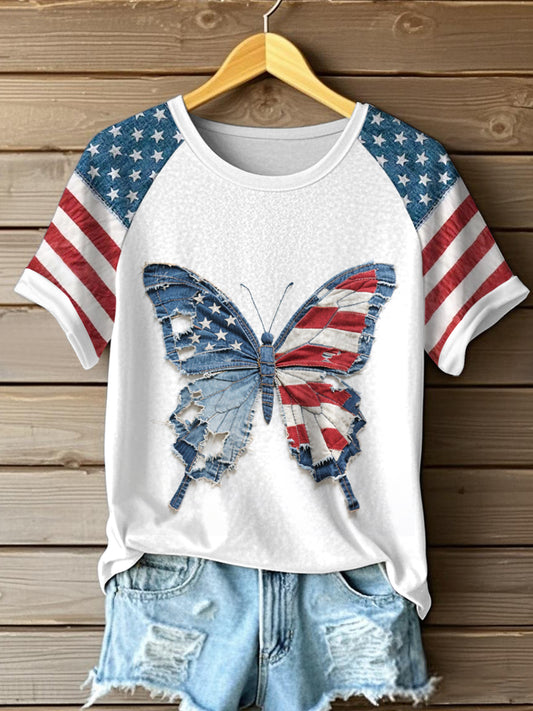 Women's Independence Day Butterfly Pattern Patchwork Art T-Shirt