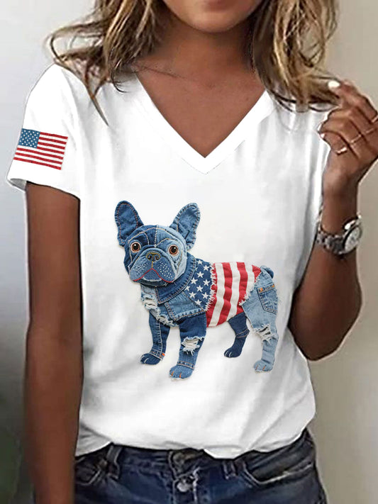 Women's Independence Day Inspired French Bulldog Patchwork Art T-Shirt