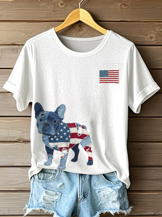 Women's Independence Day Inspired Bulldog Pattern Patchwork Art T-Shirt