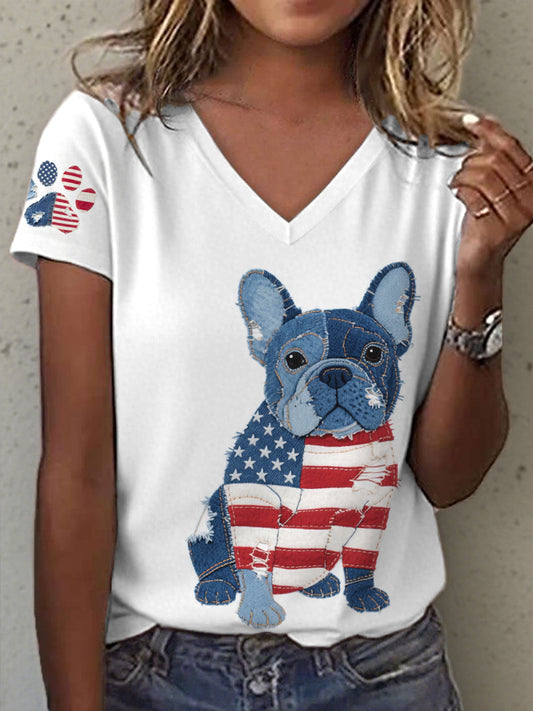 Women's Independence Day French Bulldog Pattern Patchwork Art T-Shirt