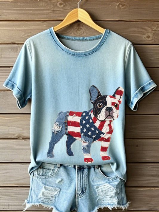 Women's Independence Day Inspired French Bulldog Pattern Patchwork Art T-Shirt