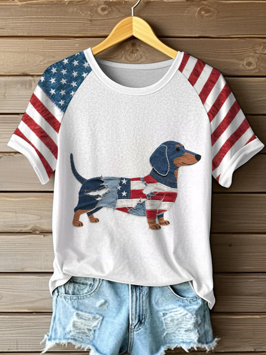 Women's Independence Day Inspired Dachshund Patchwork Art T-Shirt