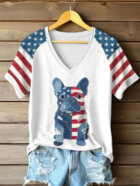 Women's Independence Day French Bulldog Pattern Patchwork Art T-Shirt