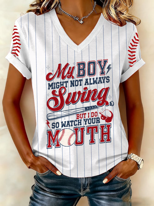 Women's My Boy Might Not Always Swing Print Baseball Mom T-shirt