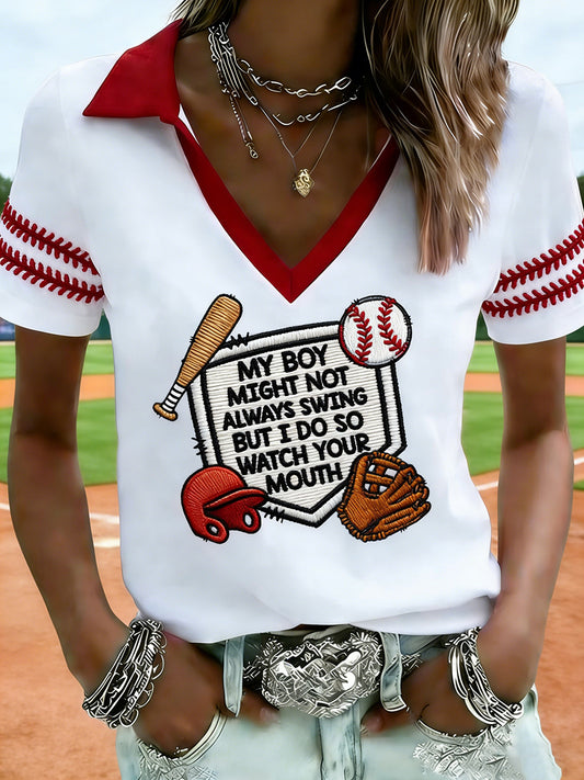 Women's My Boy Might Not Always Swing Baseball MomPrint V-neck T-shirt