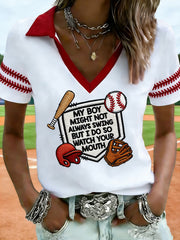 Women's My Boy Might Not Always Swing Baseball MomPrint V-neck T-shirt