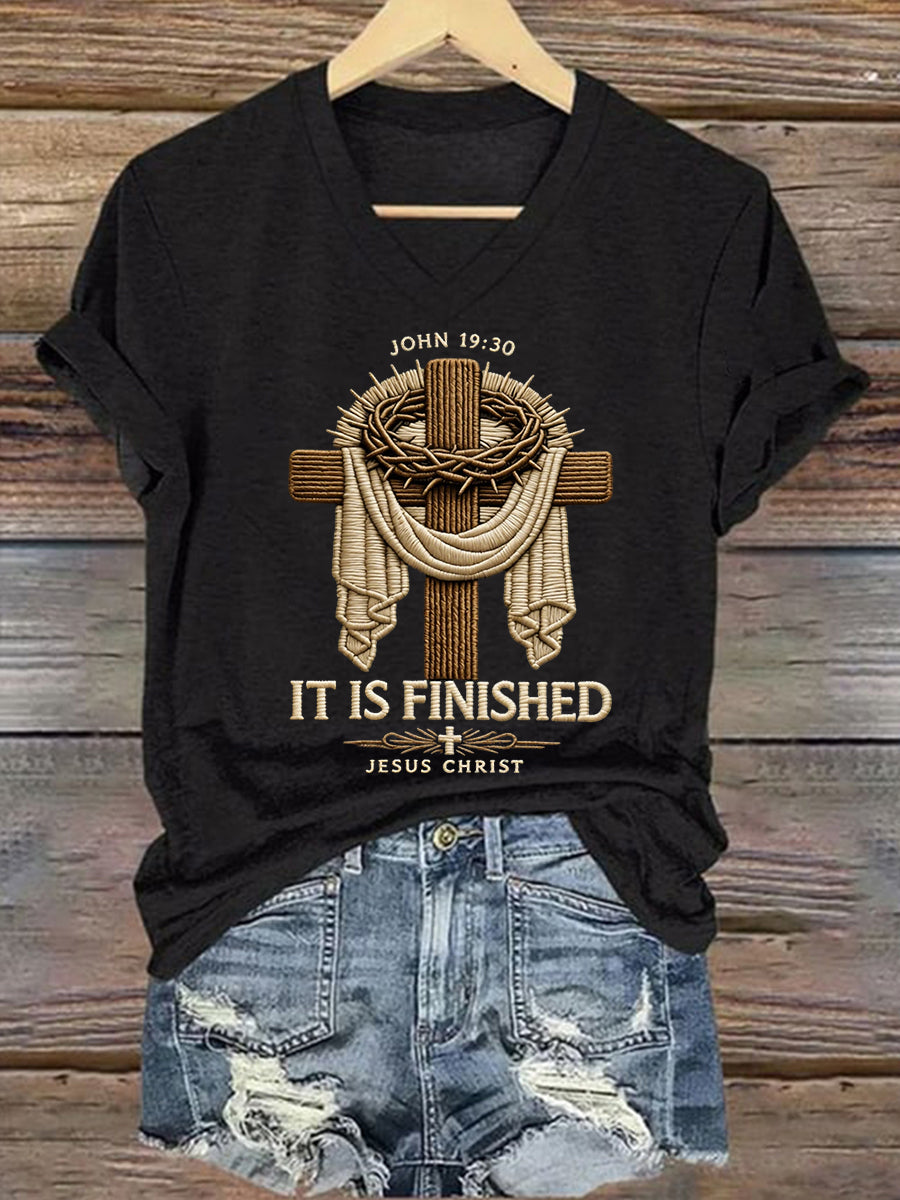 Women's  He Is Risen It’s Finished Easter Jesus Christian Cross Print Casual V-Neck Tee