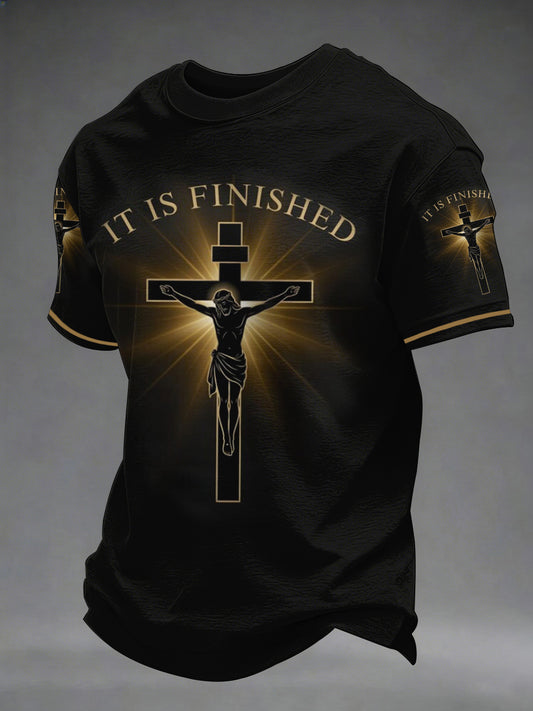 Men's He Is Risen It’s Finished Easter Jesus Christian Cross Print Casual Tee