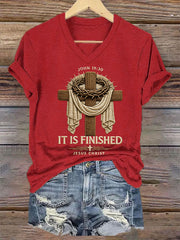 Women's  He Is Risen It’s Finished Easter Jesus Christian Cross Print Casual V-Neck Tee