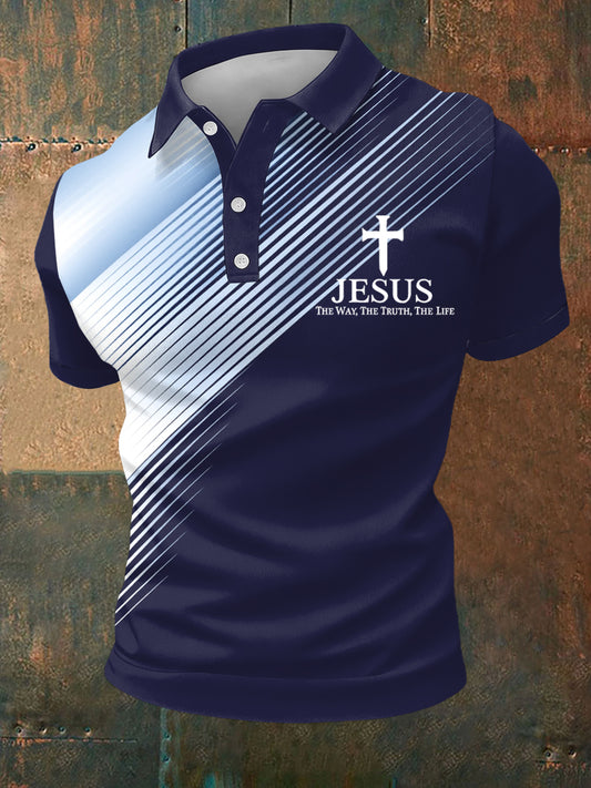 Men's Jesus The Way The Truth The Life Art Stripes Print Casual Polo