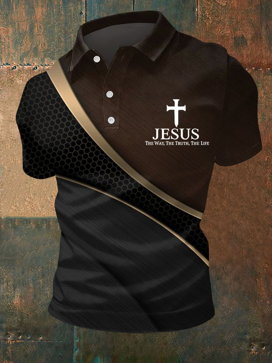 Men's Jesus The Way The Truth The Life Art Waves Print Casual Polo