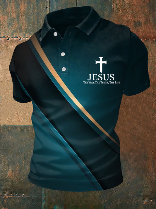Men's Jesus The Way The Truth The Life Art Waves Print Casual Polo