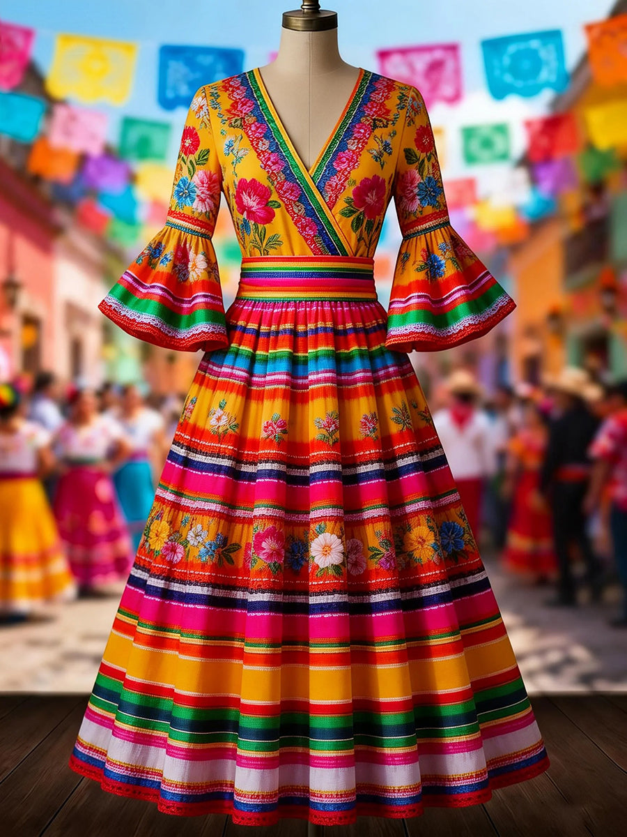 Women's Mexican Ethnic Floral Print Flared-Sleeve Dress