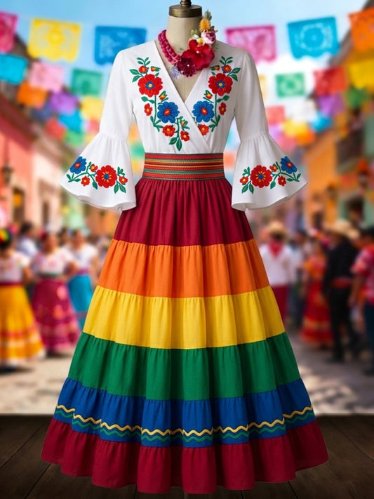 Women's Mexican Ethnic Floral Print Flared-Sleeve Dress