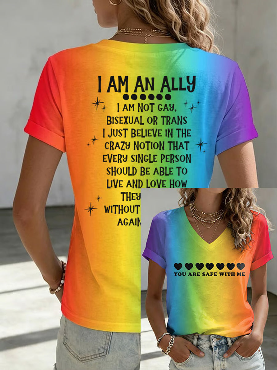 Women's Pride Month Printed YOU ARE SAFE WITH ME Casual Short Sleeve T-Shirt