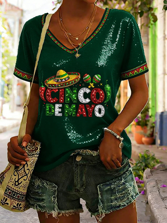 Men's Cinco de Mayo Print Casual V-neck T-shirt