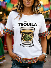 Women's Funny HELLO TEQUILA MY OLD FRIEND Cinco De Mayo Print Casual Ruffle Sleeve Tee