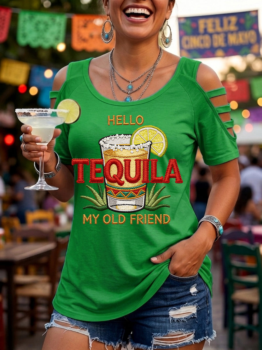 Women's Funny HELLO TEQUILA MY OLD FRIEND Cinco De Mayo Print Casual Top