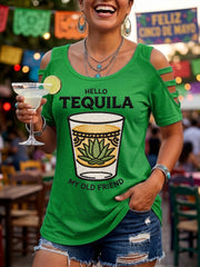 Women's Funny HELLO TEQUILA MY OLD FRIEND Cinco De Mayo Print Casual Top