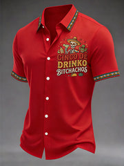 Men's Funny Cinco De Drinko Bitchachos Skeleton Print Casual Short Sleeve Shirt
