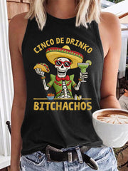 Women's Funny Cinco De Drinko Bitchachos Skeleton Print Casual Vest
