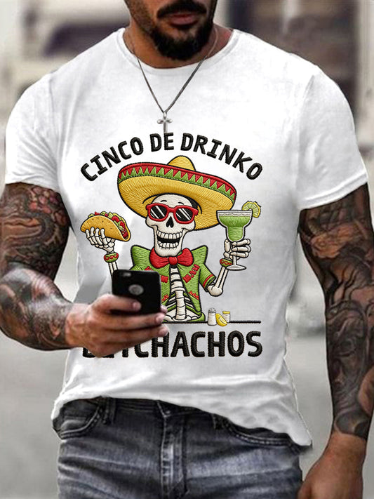 Men's Funny Cinco De Drinko Bitchachos Skull Print Tee
