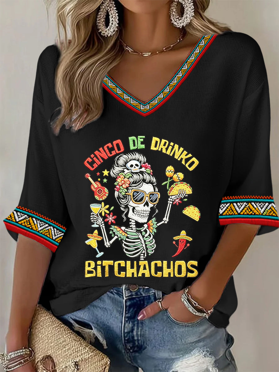 Women's Funny Cinco De Drinko Bitchachos Skeleton Print Casual  Waffle T-shirt
