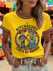 Women's Funny Cinco De Drinko Bitchachos Skeleton Print Casual Tee