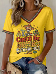 Women's Funny Cinco De Drinko Bitchachos Skull Print V-Neck Tee