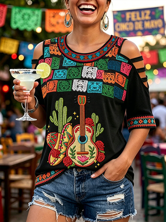 Women's Cinco De Mayo Art Printed Off-shoulder T-shirt