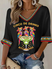 Women's Funny Cinco De Drinko Bitchachos Parrots Print Casual Waffle Top