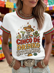 Women's Funny Cinco De Drinko Bitchachos Skull Print Tee