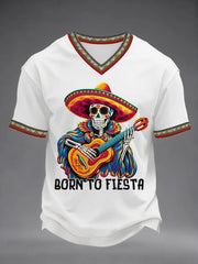 Men's Born To Fiesta Skeleton Print Casual V-Neack Tee