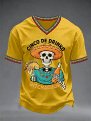 Men's Funny Cinco De Drinko Bitchachos Skeleton Print Casual V-Neck Tee