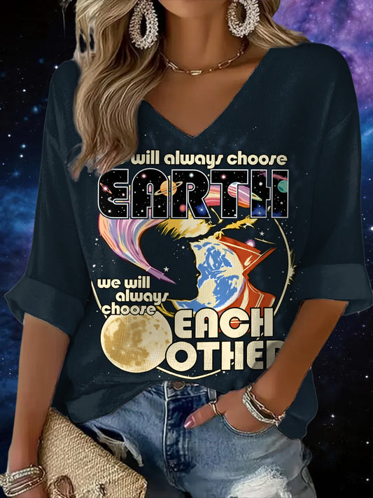 Women's Artemis II 2026 We Will Always Choose Each Other Print Casual Waffle Top