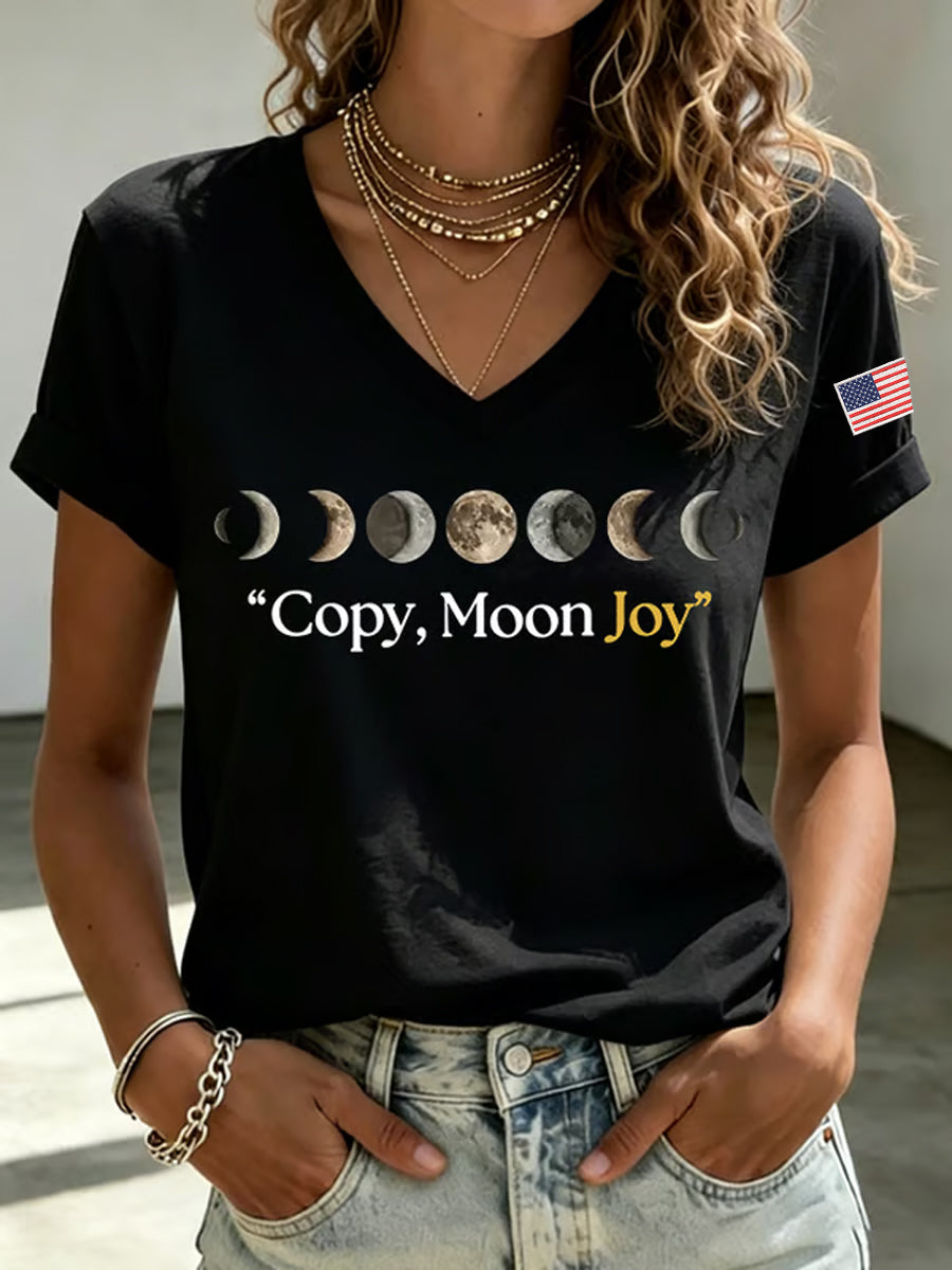 Women's Copy Moon Joy Print V-Neck Short Sleeve T-shirt